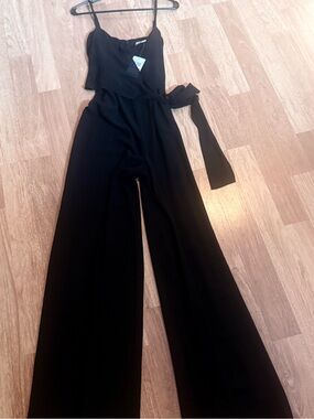 Michael Kors Black Wide-Leg Spaghetti Strap Jumpsuit with Waist Tie